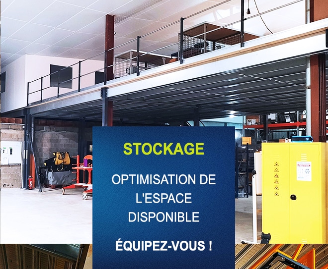 Optimiser son stockage avec nos mezzanines industrielles - Plateformes et Mezzanines de stockage industrielles Vue d’ensemble d’une plateforme industrielle conforme avec garde-corps, barrière écluse et signalétique de charge.